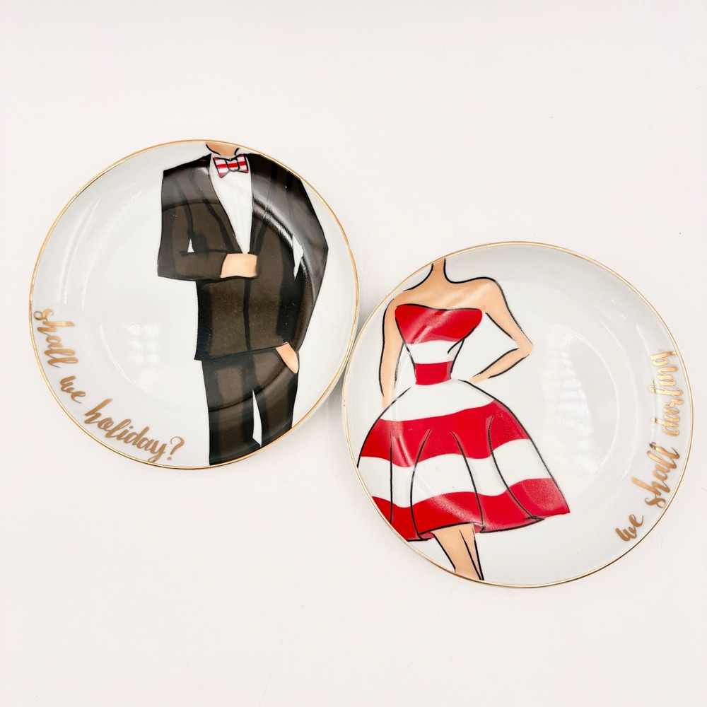 Oak Lane Fashion Illustration Holiday Appetizer Plates Set of 2 Gold Rim Tuxedo